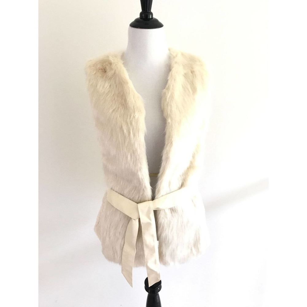 Ya Los Angeles | Womens Size S/M Faux Fur Sleeveless Vest Beige Belted Open
